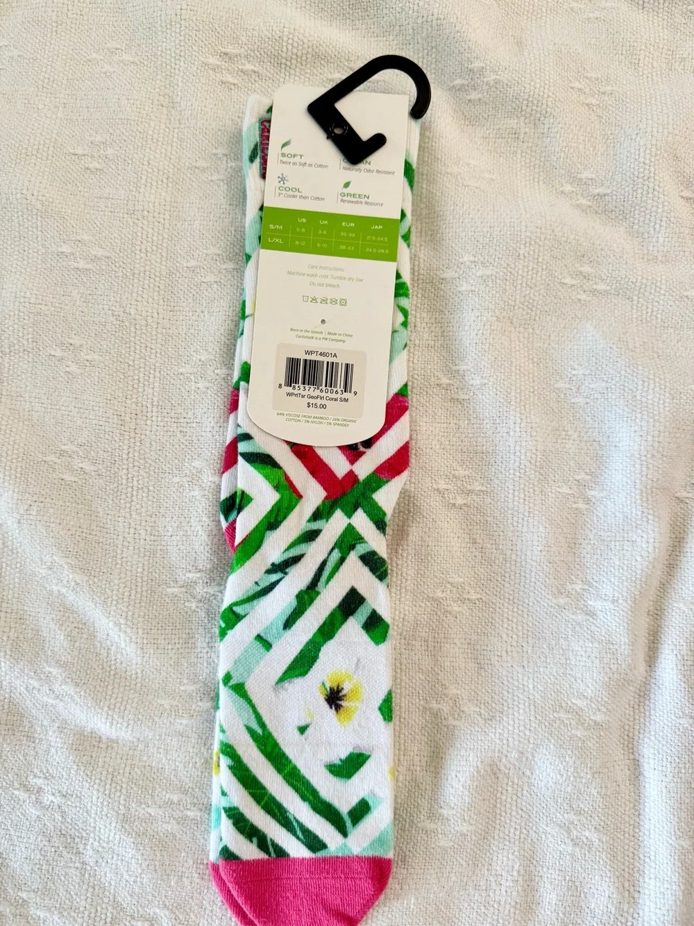 Cariloha Women's Bamboo Trouser Socks - White with Green & Pink Tropical Print